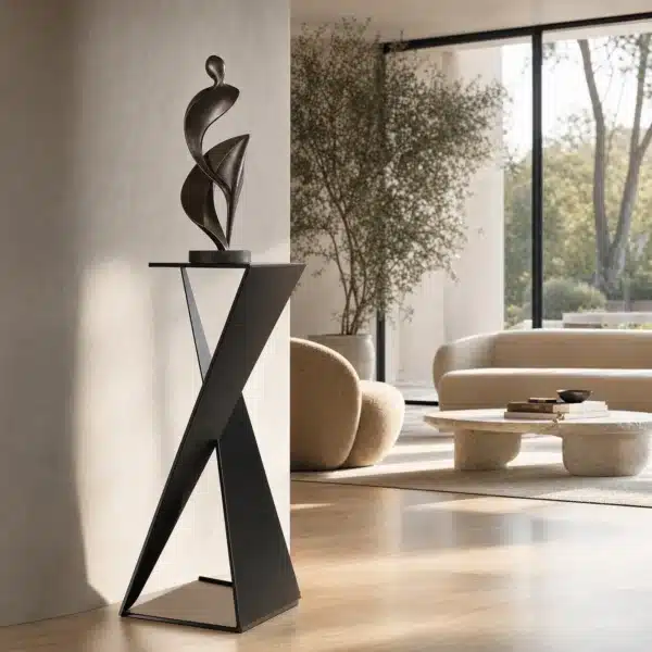 Contemporanio sokkel van zwart staal met een bronzen sculptuur in een moderne woonkamer